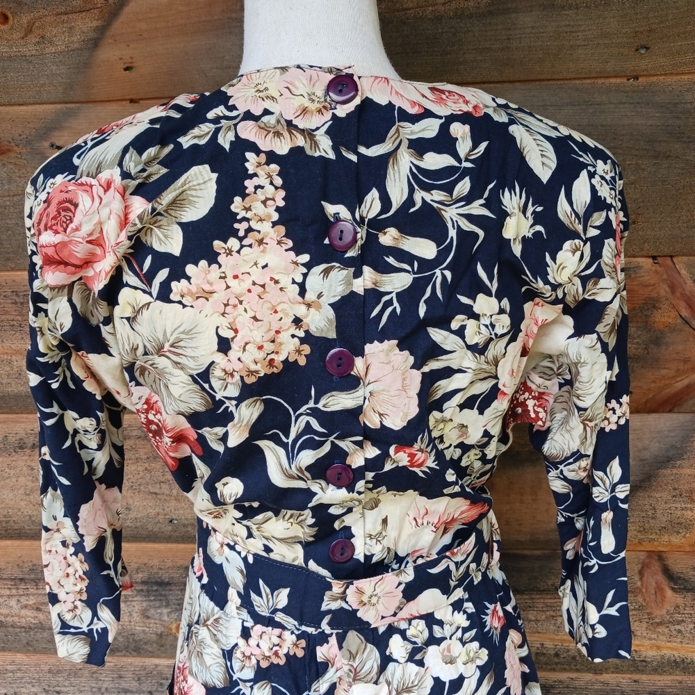 Vintage 80s Paquette Floral Puff Sleeve‎ Dress Size 8 Belted Midi Cottagecore - Picture 6 of 9